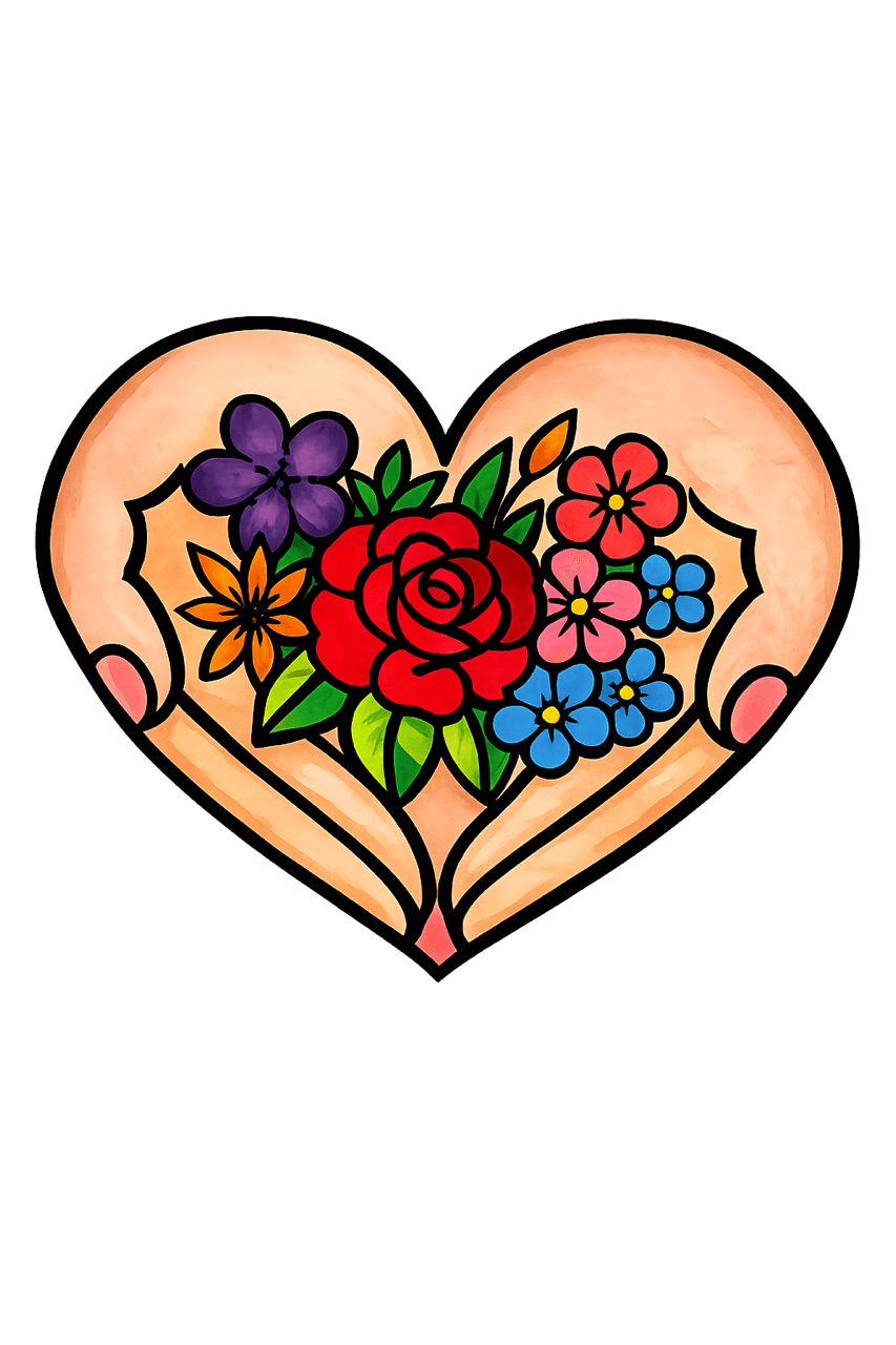 Æstetik og Velvære logo – hænder der holder blomster i et hjerte